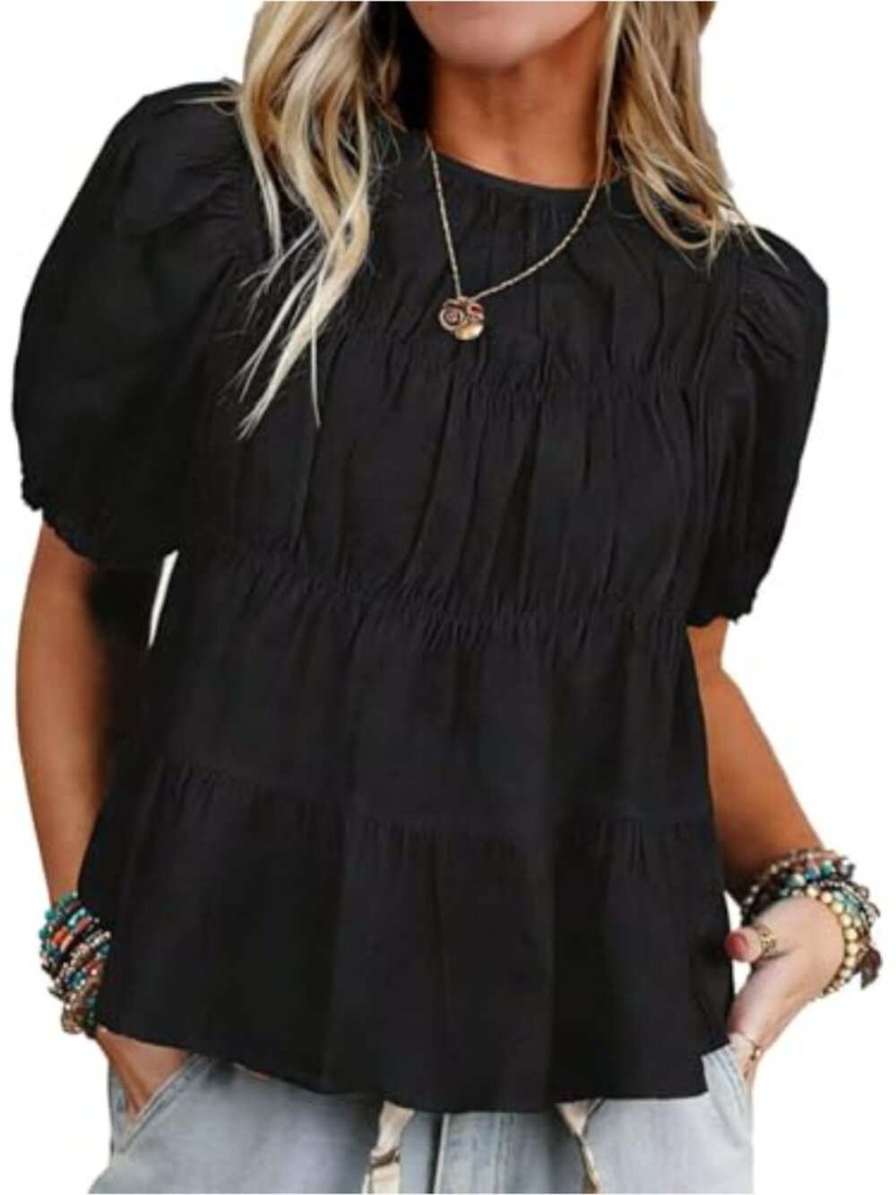 Womens Flowy Babydoll Peplum Top Puff Short Sleeve Smocked Boho Blouse